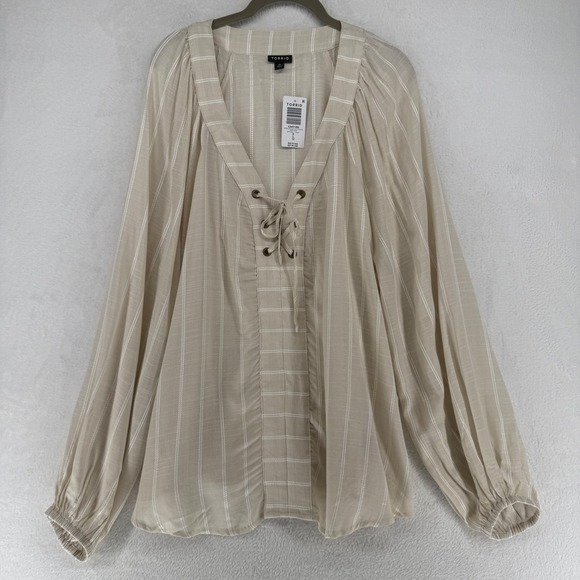 Torrid Lace Up V Neck Long Sleeve Blouse Ivory Stripe Size 0X L 12 Flowy NWT - Picture 4 of 9